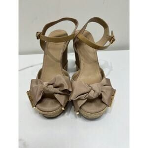 Tory Burch Beige Wedge Espadrilles with Bow Detail and Ankle Strap